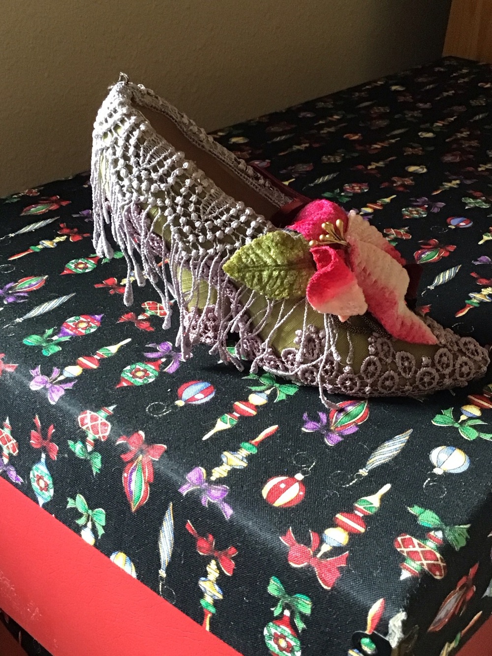 Shoe Ornament Olive Green with lavender fringe with Pink Flower